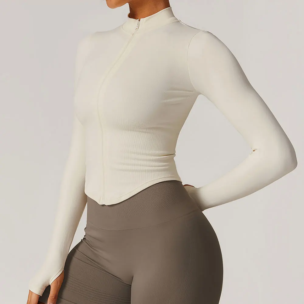 Zipper Jacket Women Crop Tops Yoga T-shirts Solid Sports Top Long Sleeve Running Shirts Sexy Quick Dry Fitness Gym Sport Wear 4