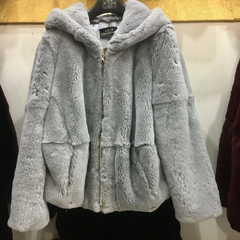 Women\'s Winter Fur Coats Rex Rabbit Fur Coat Women Clothing Casual Warm Loose Hooded Female Real Fur Jacket Casaco Feminino Lq