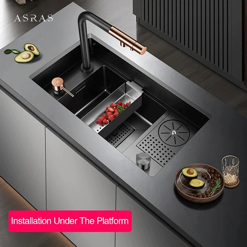 New ASRAS Nano Small Size Kitchen Island Sink Cup Washer Hidden Cover 4mm Thickness Handmade Sinks With Lifting Faucet