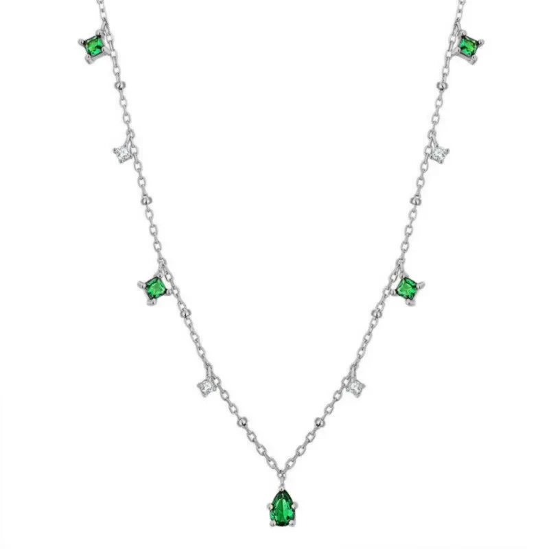 Fashion Vintage CZ Emerald Station Beads Chain Necklace for Women Exquisite Choker Clavicle Chain With Green Zircon Jewelry Gift
