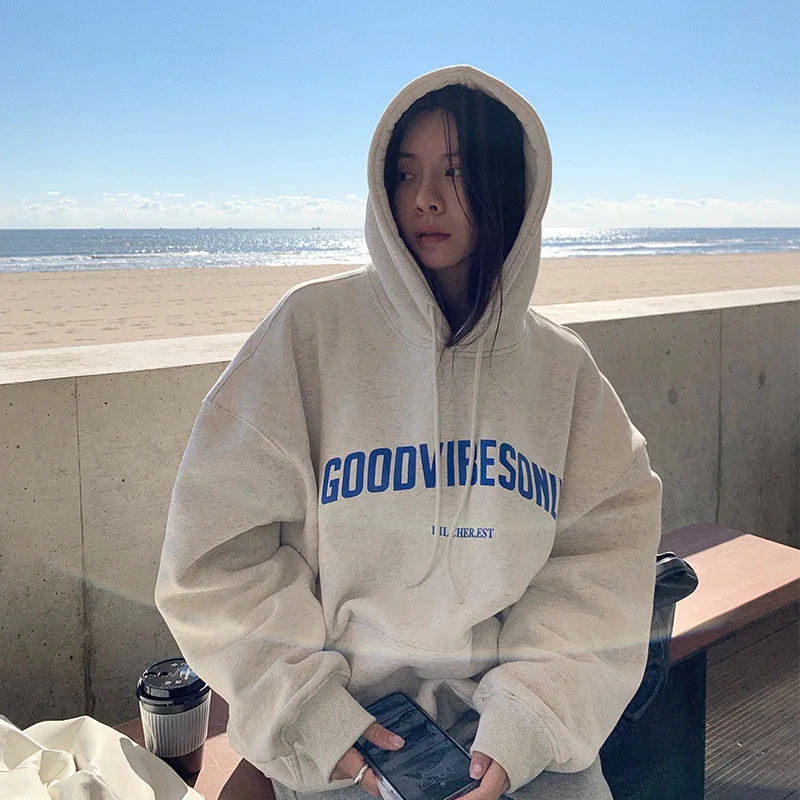Korean Fashion Loose Sweater Women Autumn Winter 2025 Long Sleeve Hooded Shirt Letter Print Pullover Tops Casual Sweatshirts