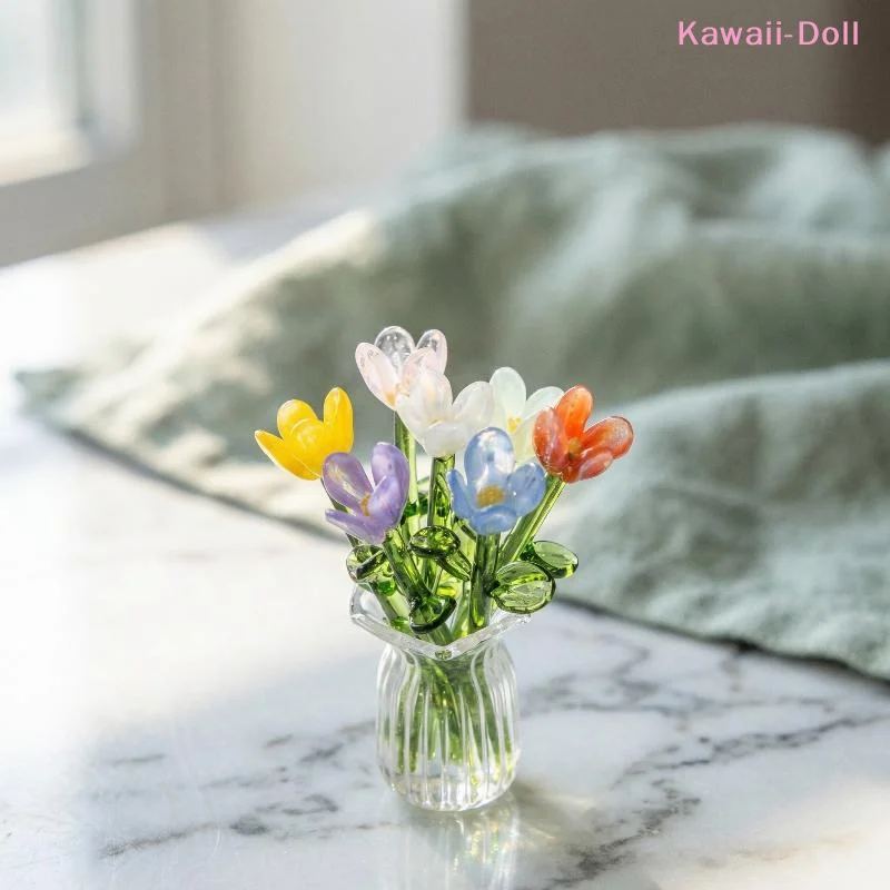1Set Dollhouse Simulation Mini Flowers Handcrafted Floral Sculpture Floral Bouquet With Vase Lifelike Glass Flowers Gift