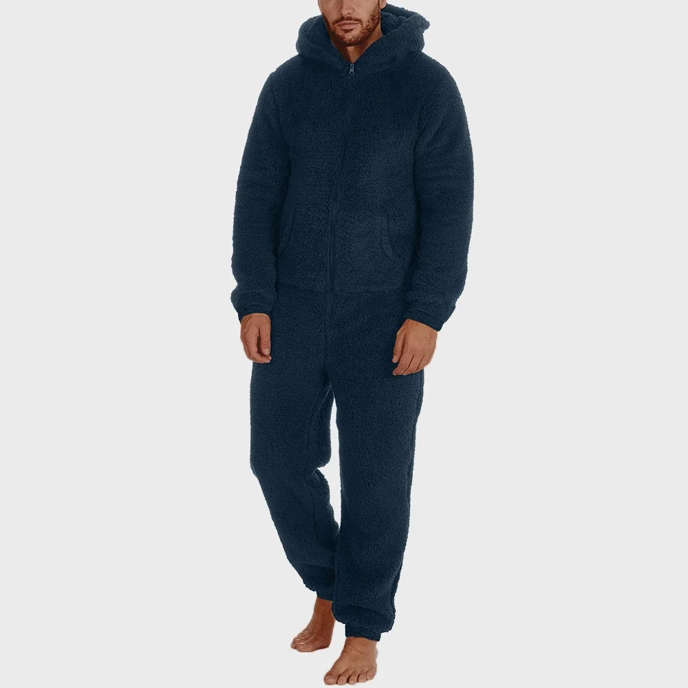 Men New Thick Warm Hooded Pajamas Winter Adult Casual Jumpsuits Couple Zipper Fleece Slim Sleepwear Nightgown Youth Loungewear