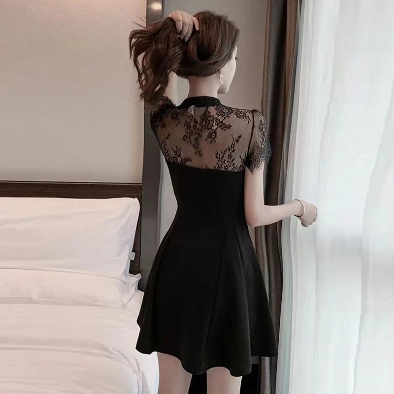 여성용 스탠드 칼라 레이스 패치워크 슬림 드레스, 우아한 하이 웨이스트 블랙 로브, 여성 섹시 드레스, 여름 패션
