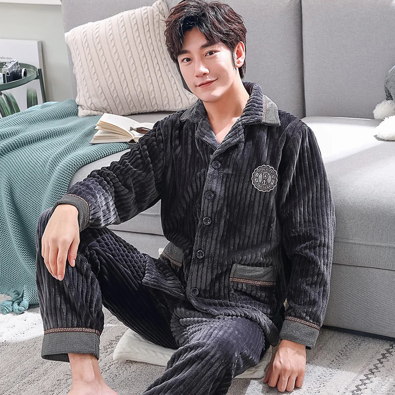 Coral Velvet Pajamas Men's Winter Plush Thickened Warm Cardigan Lapel Flannel Can Wear Large Home Suit
