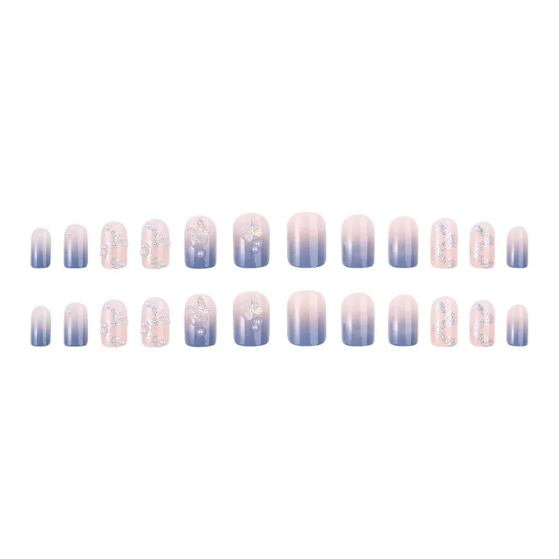 24PCS- Fake Nails Short Detachable Finished Fingernails Sparkling Butterflies Wearable False Nails press on Square Head Full Cov