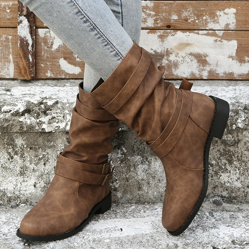 Autumn Winter Sexy New Large Medium Boots Round toe flat boots for women Round Head Flat Bottom Buckle Women's Motorcycle Boots