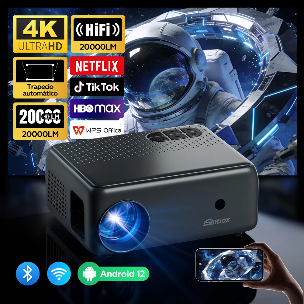 Mini Proyector iSinbox Android 12 — 720P Nativo, WiFi 6, BT 5.0, Silencioso, Portátil 1