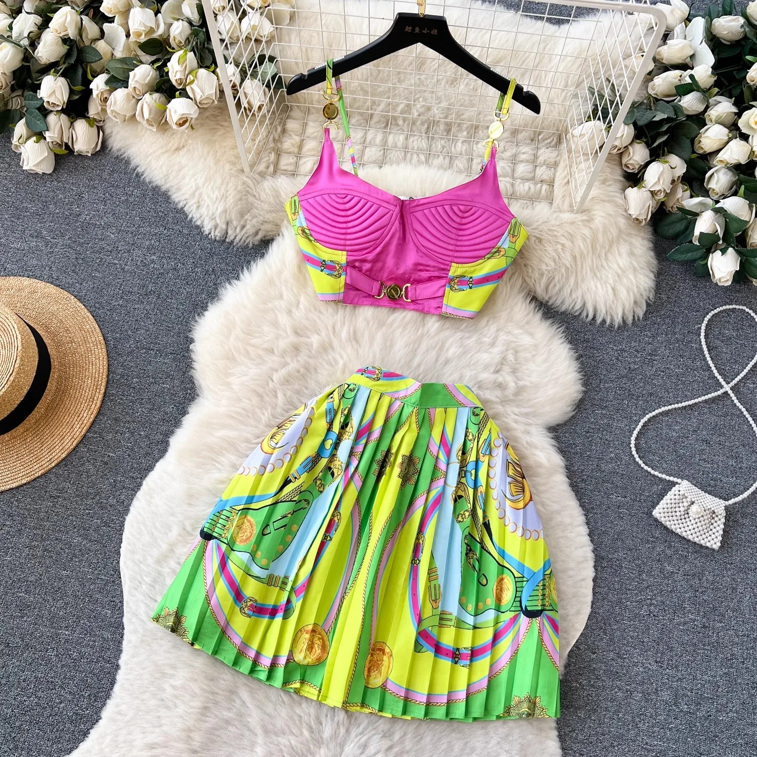 

Summer Holiday Blue And White Porcelain Two Piece Set Women's Spaghetti Strap Padded Cup Zipper Print Short Top+Long Skirt Suits