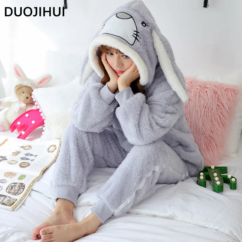 DUOJIHUI Cute Hooded Pure Color Loose Pajamas for Women Korean Style Winter Fashion Flannel Thick Warm Simple Female Pajamas Set