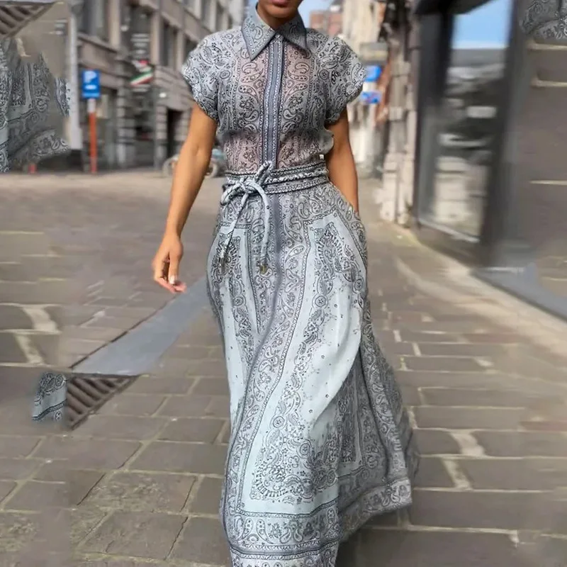 

Elegant women's Long Dress Printed Short Sleeved summer dresses for women 2024 Vintage 2 Piece Sets Long Skirt Casual Vestidos