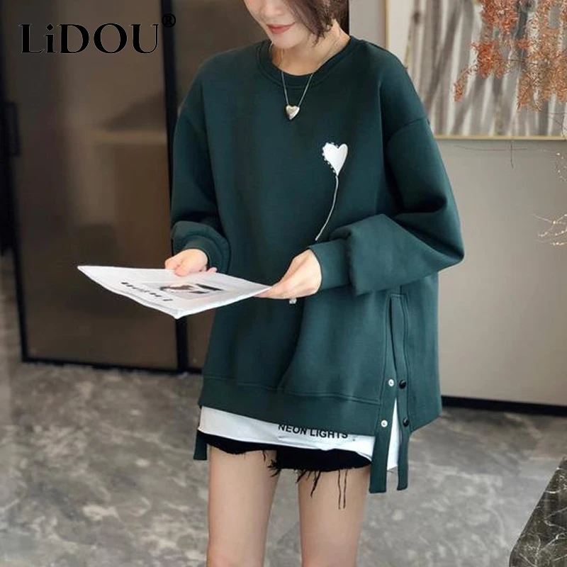 Spring Autumn Round Neck Long Sleeve Sweatshirts Women Solid Color Printing Split Button Pullovers Ladies Loose All-match Tops