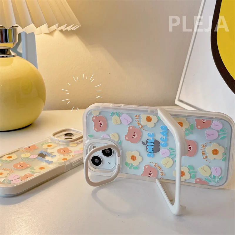 11 cases Cute Camera Lens Flip Holder Phone Case For iphone 13 12 11 Pro Max X XR XS Max Cover Cartoon Bear Flower Soft Protective Cases iphone 11 case with card holder