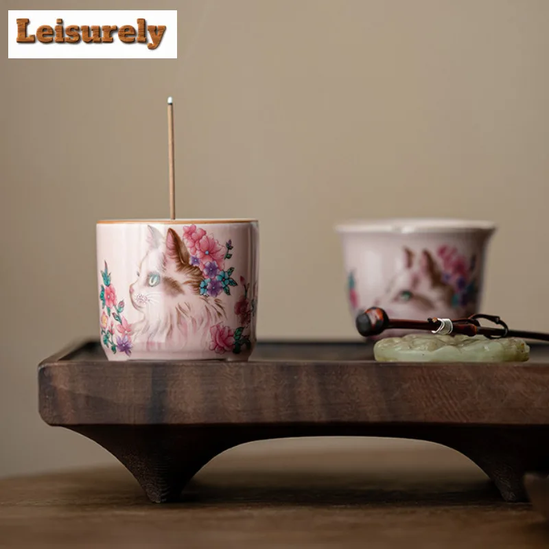 Pink Ru Kiln Flower Cat Three Legged Incense Holder Luxury Censer Scented Aromatic Candles Tea Items Equipment Ornaments Craft