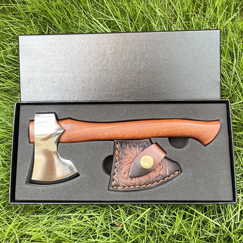 21.5cm Stainless Steel Sharp Mountain Axe Outdoor Camping Survival Felling Axes Sandalwood Handle Fixed Blade Knife With Case 3