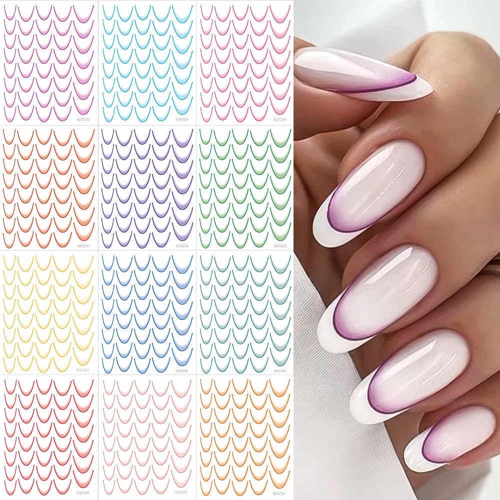 Nail Stickers 14pcs/Lot French Tip Nail Stickers 5D Colorful Gradient French Nails Self Adhesive Decals for Nail Art Supplies