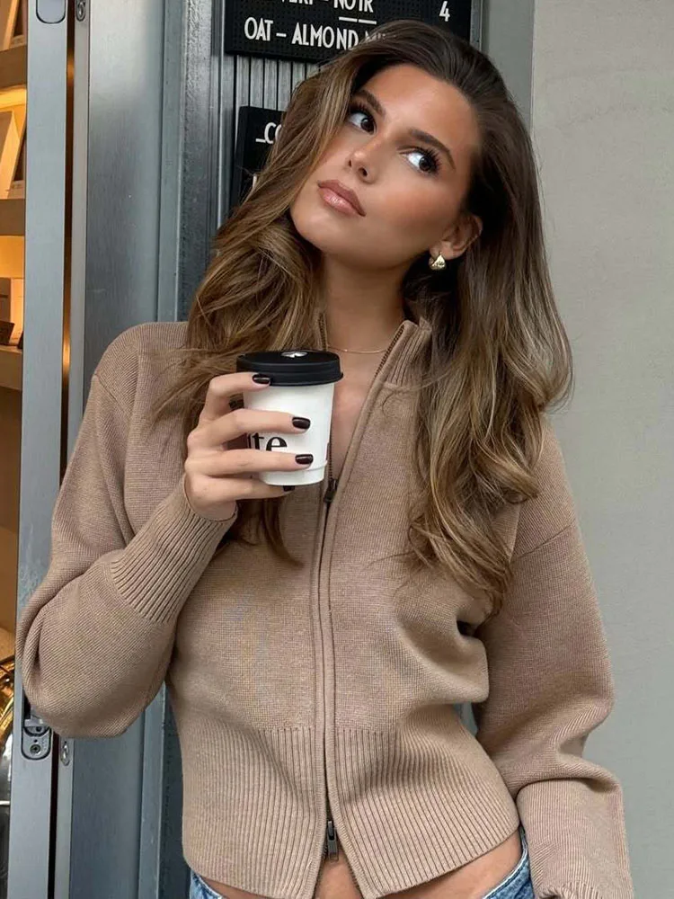 Fashion Knit Women Cardigan Casual Long Sleeve Zipper Stand Pleated Slim Lady Sweater 2025 Autumn Office Female Knitwear Coat