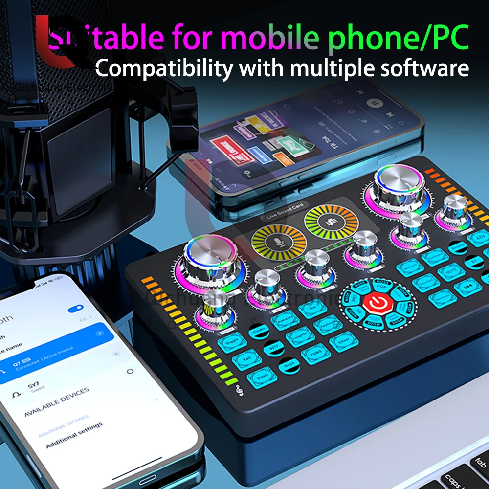 1PC Q7 가라오케 팟 캐스트 홈 스튜디오 기록 방송 마이크 믹서를 위한 최신 전문 휴대용 블루투스 사운드 카드