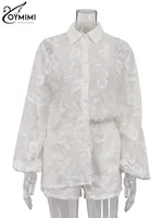 Oymimi Summer White Cotton 2 Piece Sets Women Outfit Casual Jacquard Button Wrist Sleeve Shirts And High Waist Shorts Female Set - Image 5