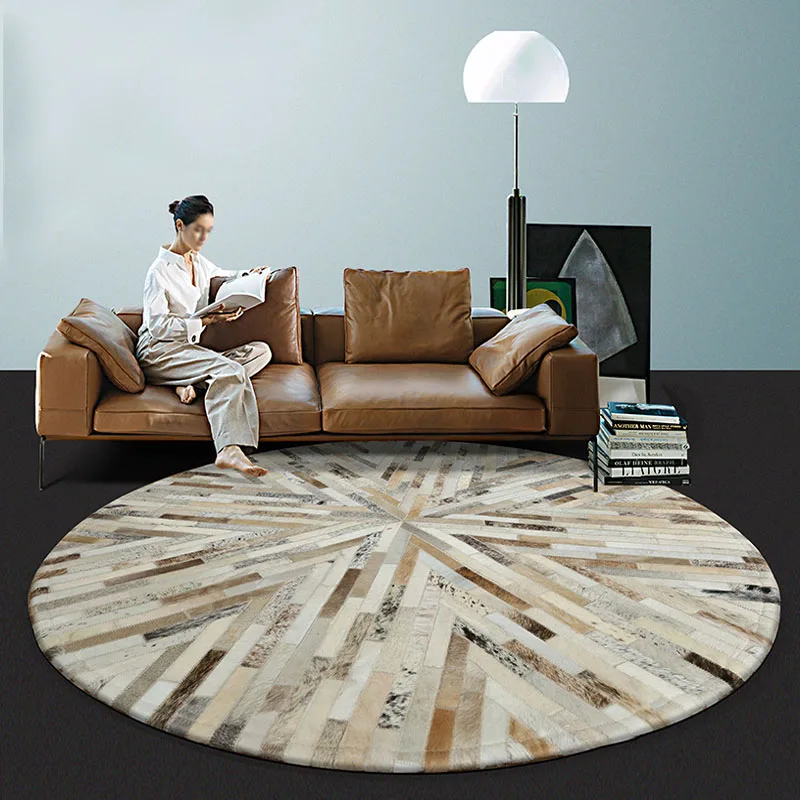 

Genuine Cowhide Leather Round Carpet Bedroom Nordic Ins Carpets Modern Rug for Home Living Room Round Floor Mat Coffee Table Rug