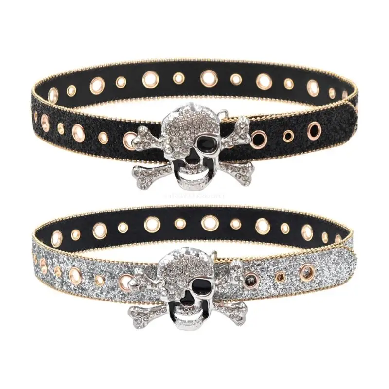 

Skull Head Buckle Waist Belts for Woman Full Sequins Belt for Jeans Dropship