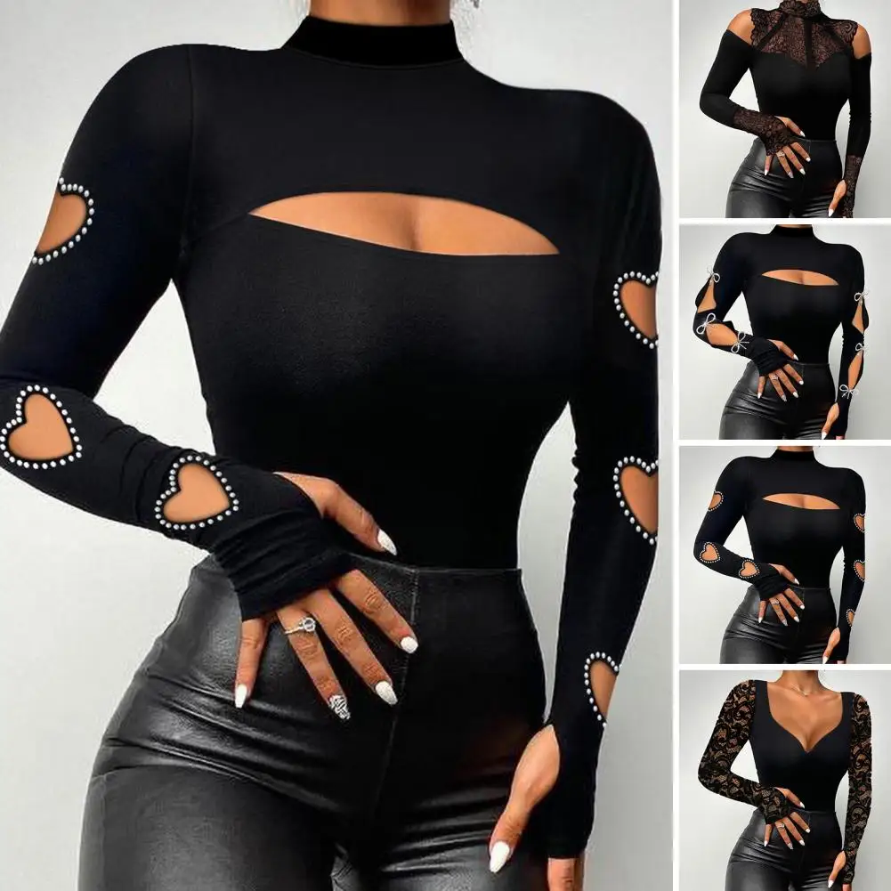 

Woman Sexy Blouse Mock Neck Square Collar Slim Fit Tee Shirt Hollow Out Long Sleeve Lace Stitching Beads Decor Pullover Tops