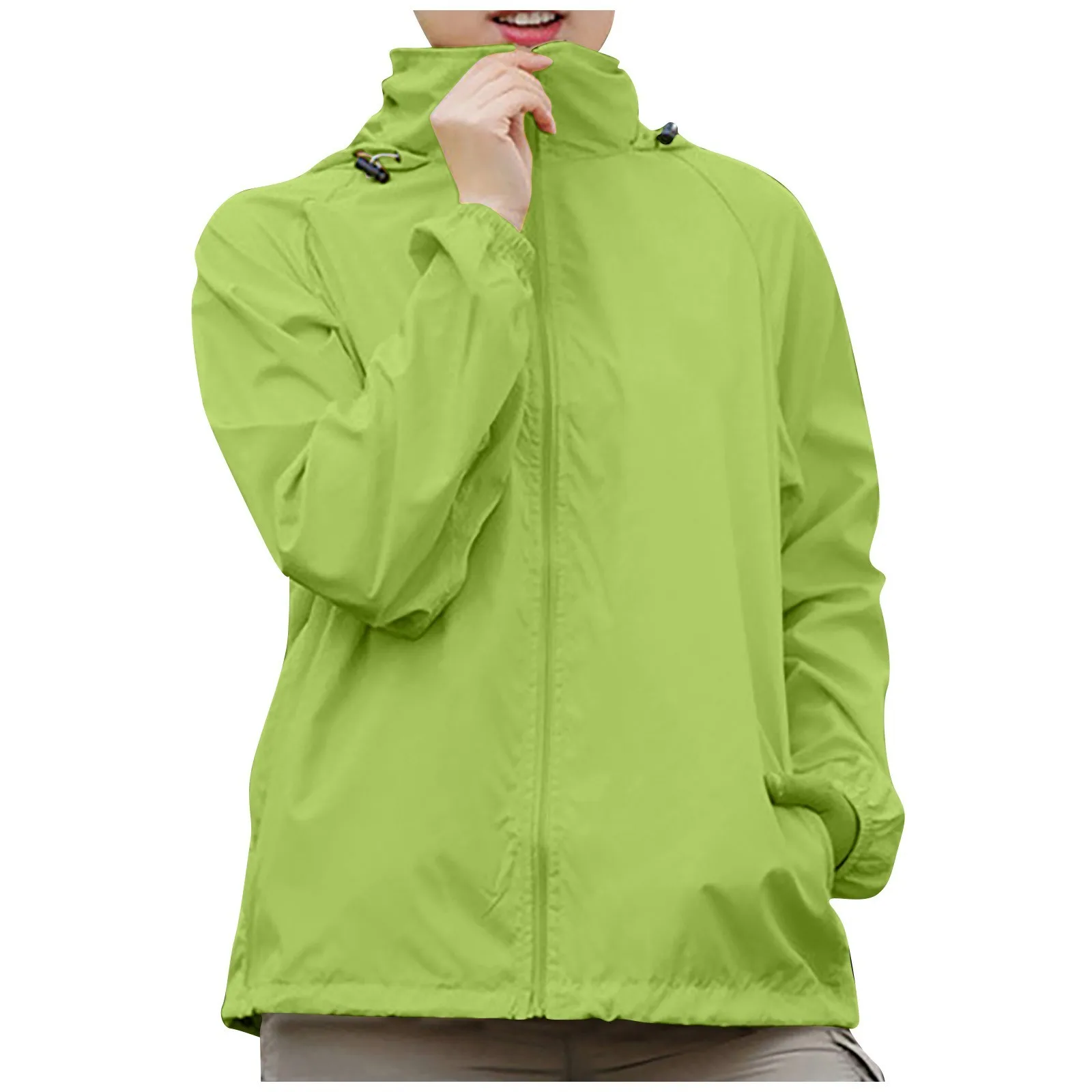 Fashionable solid-colored hooded waterproof windbreaker jacket for outdoor sports, climbing, and casual wear.L green