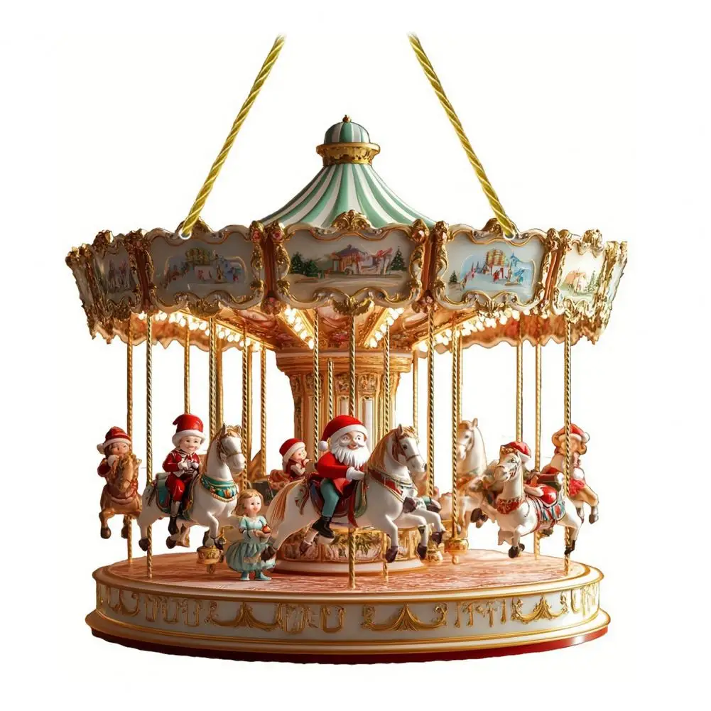 thumbnail image 1 of Adorno de carrusel navideño de acrílico, carrusel de Papá Noel, decoración colgante, mini colgante de caballo de carrusel para decoración de fiestas en el hogar y la oficina, 1 of 5