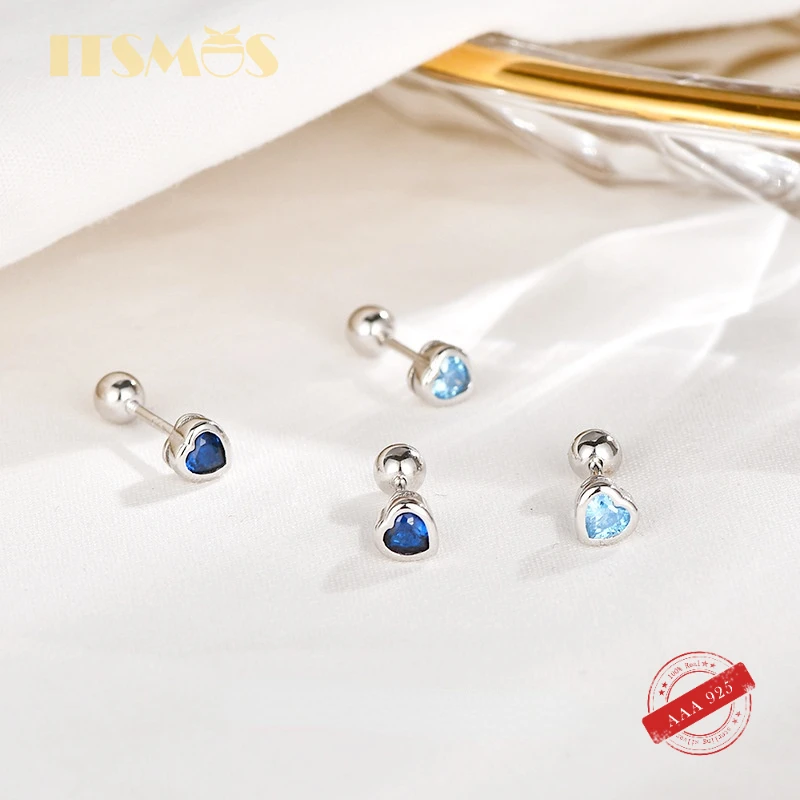 Itsmos S925 Orecchini In Argento Sterling Love Blue Diamond Coclear Screw Twist Ear Studs Semplici Orecchini Da Principessa A Forma Di Cuore