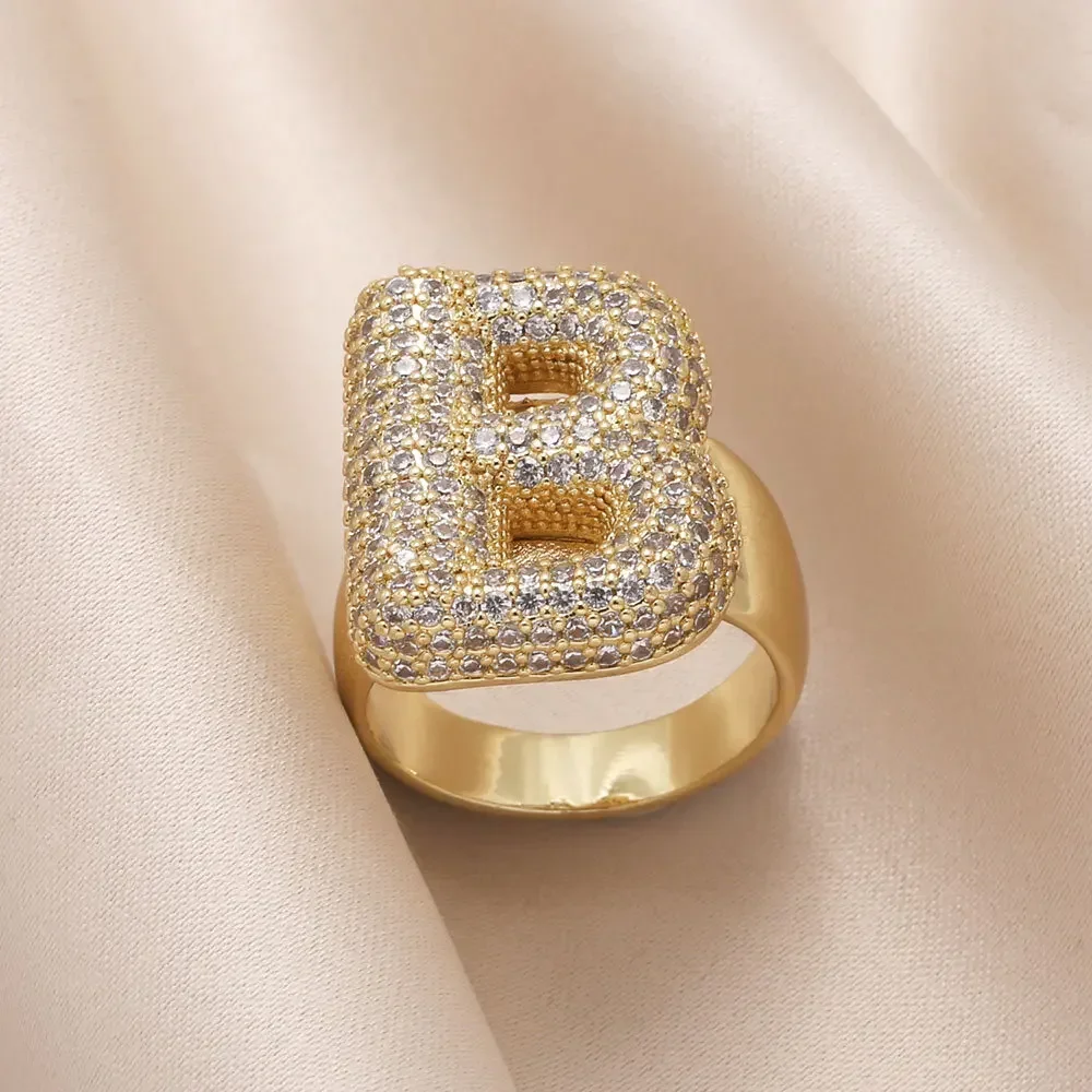 Classics Chunky Alphabet Letter Opening Wide Finger Ring for Women Men Sparkling Zircon A-Z Initial Gold Plated Rings Party Gift