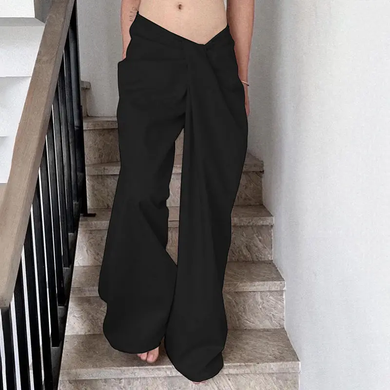 Street  irregular twisted waist casual pants for women with low waisted solid color loose wide leg woven long pants