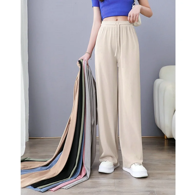 

2023 Sumer Ice Silk Wide-Leg Pants Women Loose Leggings High Waist Mopping Pants For Office Lady Casual Drawstring Long Trousers