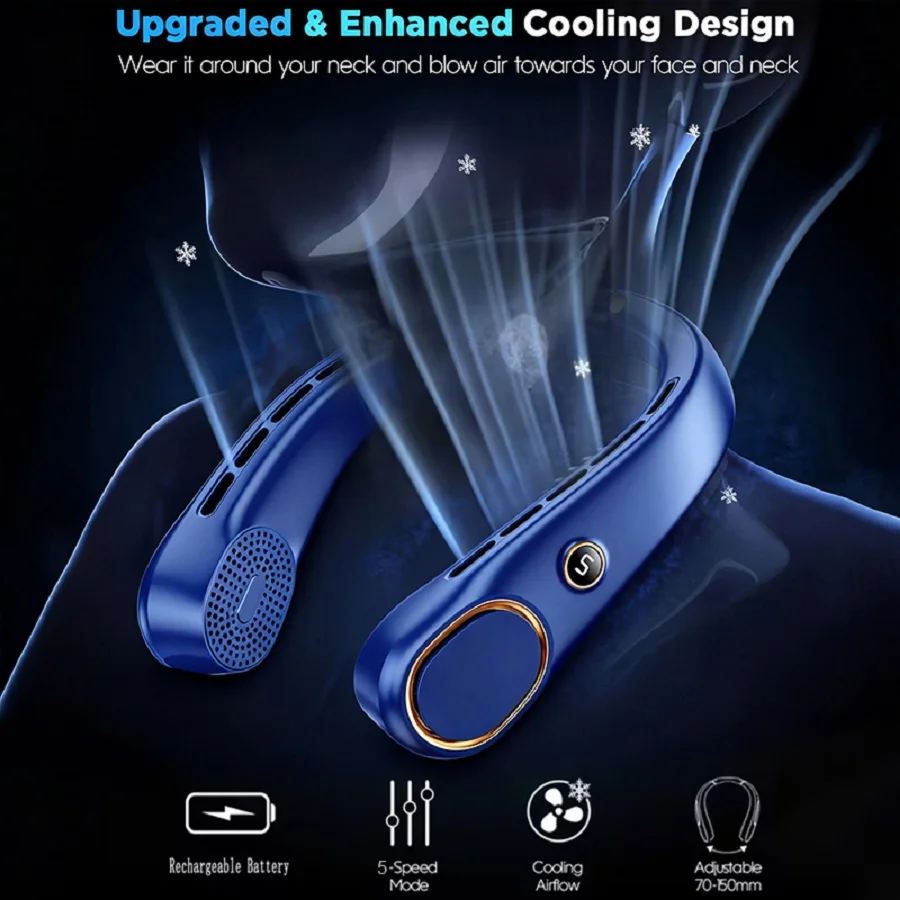 Portable Neck Fan, Hands Free Bladeless Fan, 5 Speeds, 3000 mAh Battery Operated Wearable Personal Fan, Twistable, Rechargeable