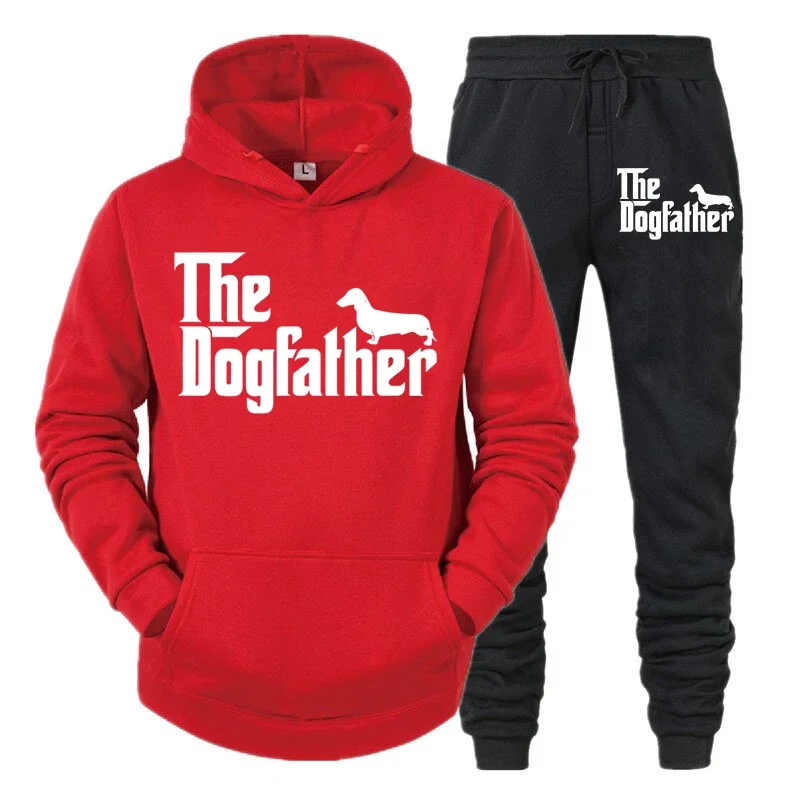 thumbnail image 1 of Conjunto de dos piezas "El Dogfather" Divertido chándal casual para amantes de los perros salchichas para hombre Otoño Conjunto de ropa deportiva holgada con capucha estilo hip hop con animales, 1 of 5
