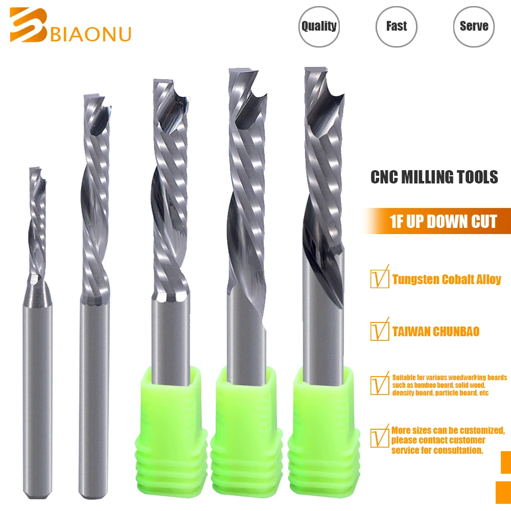 

Biaonu Up Down Cut 1Pc Compound CNC Milling Cutter Carving Bits 3.175/4/5/6/8mm Carbide One Flute Spiral End Mill Tools for Wood