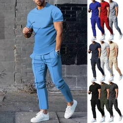 Fashion Simple Casual Pants Suit Men's Summer New Round Neck Solid Color Short-sleeved T-shirt Trousers All-match Two-piece Set