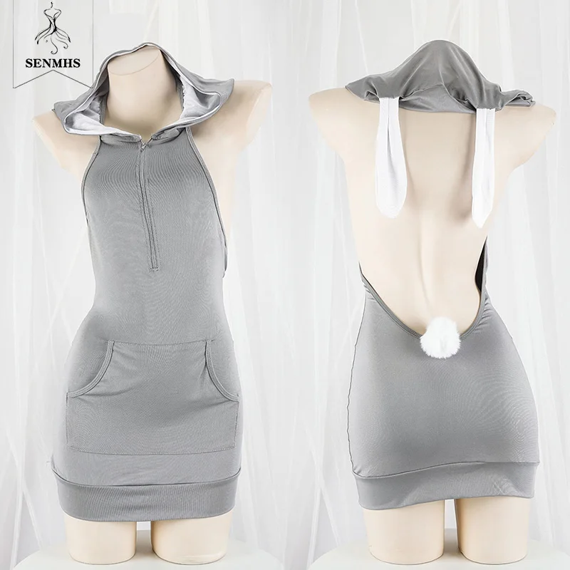 

SENMHS Anime Cute Girl Sweet Bunny Gray Cosplay Hooded Hip Wrap Skirt Sexy Lingerie Costume Women Zipper Backless Hoodie Pajama