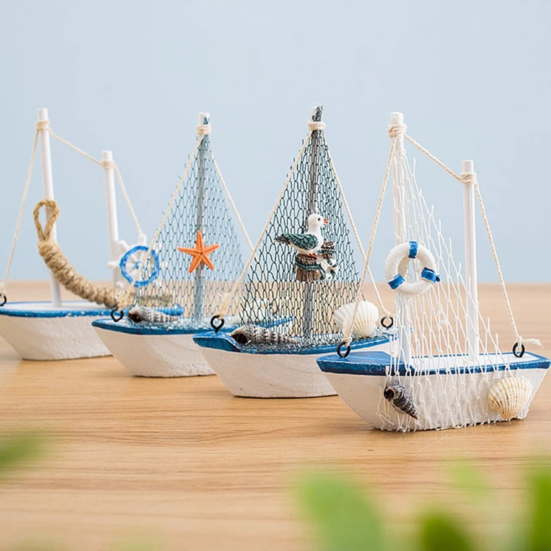 1 pz mini stile mediterraneo marino nautico in legno blu barca a vela nave artigianato in legno ornamenti sala festa decorazione della casa