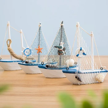 1 pz mini stile mediterraneo marino nautico in legno blu barca a vela nave artigianato in legno ornamenti sala festa decorazione della casa