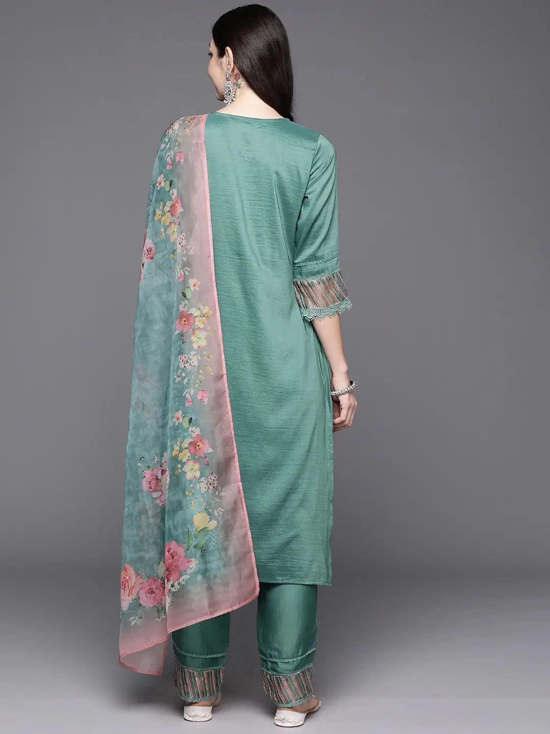 Indian Women's Clothing Ethnic Style Embroidered Green Side Cover Three Piece Silk Cotton Kurta Set indian sari scarf indian sari top