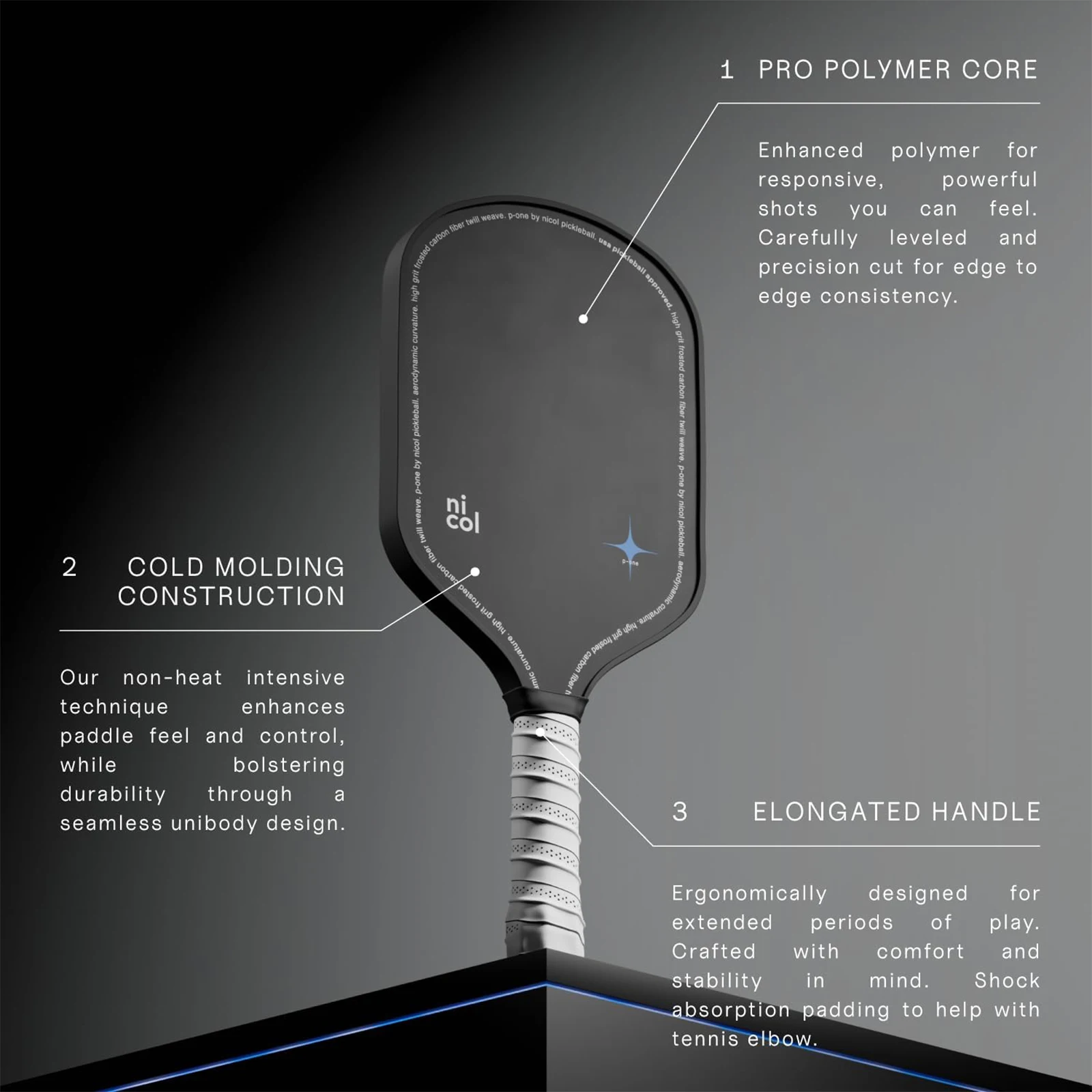Nicol P-One Pickleball Paddle Carbon Fiber USAPA Approved Elongated Handle Paddle Face Upgraded Non-Slip Grip No Gift Box