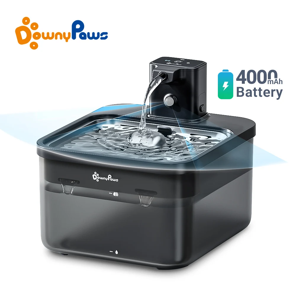 DownyPaws-fuente de agua automática de acero inoxidable para gatos, dispensador 2 en 1 de 2,5l, 4000mAh, inalámbrico, bebedero para mascotas, batería y Sensor