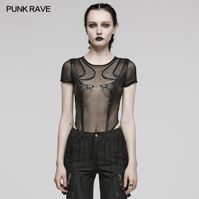 

PUNK RAVE Women's Punk Sexy Elastic Mesh Splicing Bodysuit Detachable Snap Black Tops Women Clothes Summer