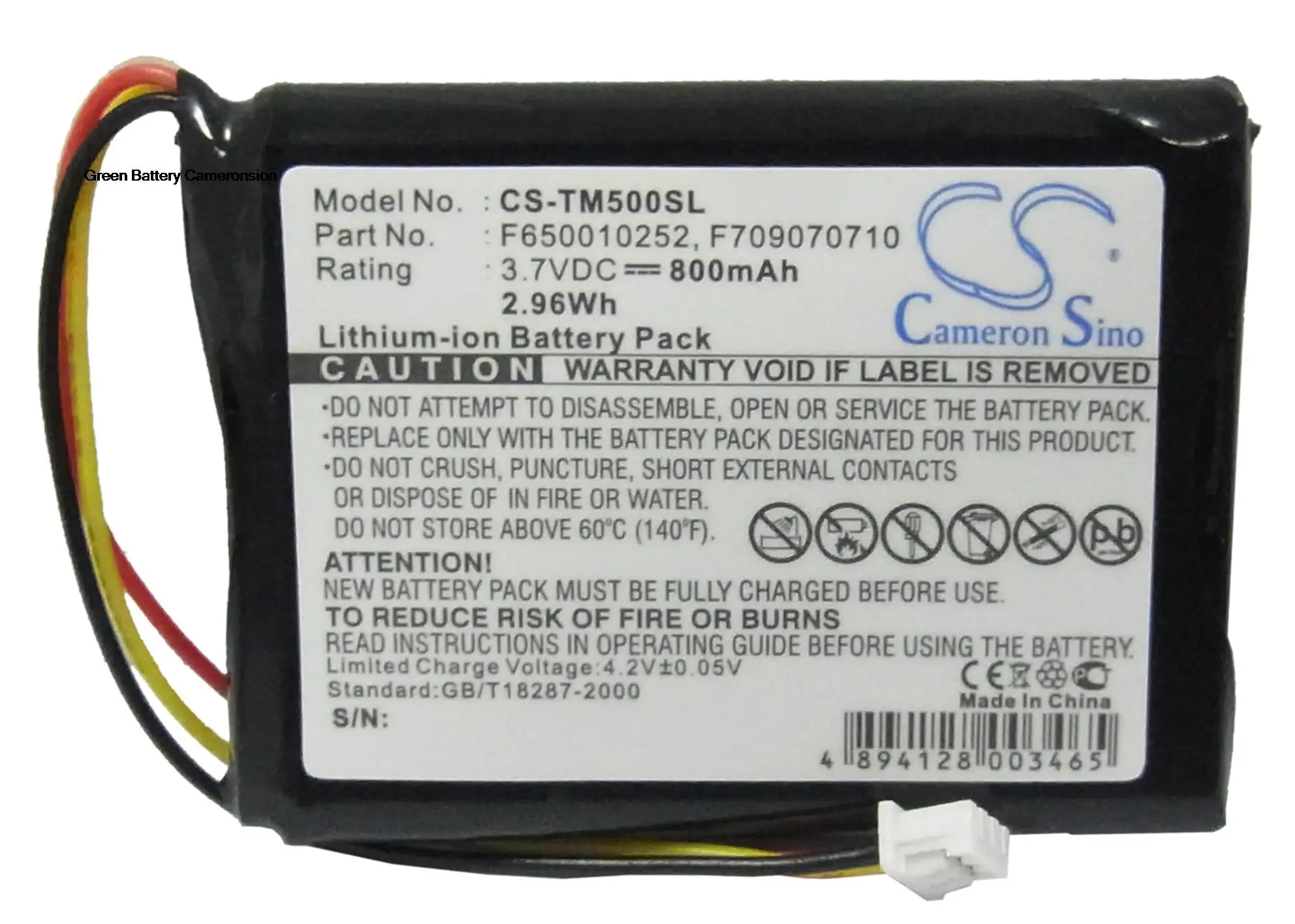 Greenbattery Cameronsino 800Mah 3.7V Gps, Batteria Agli Ioni Di Litio Navigator Per Tomtom F650010252, Muslimb, One,Rider,4N00.004,Nvt2B225