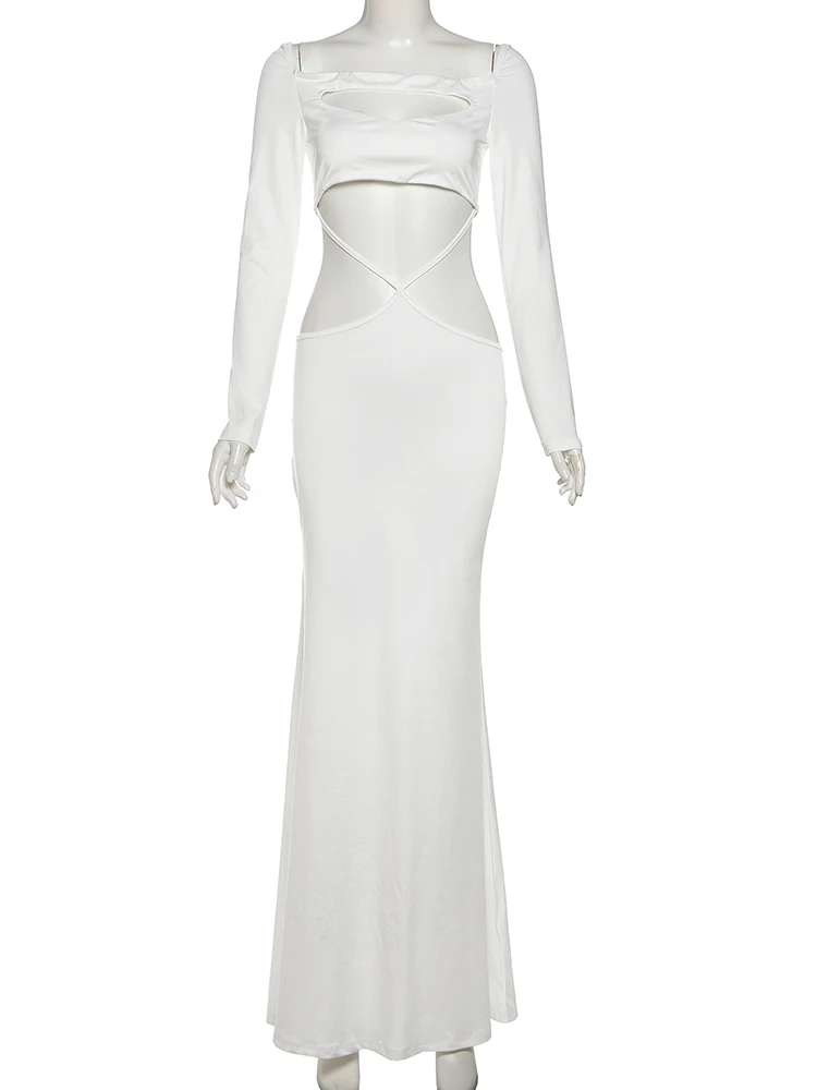 Nibber Waistless Sexy Hollow Dress Women Autumn Trend Square Collar Full Sleeve Skinny Stretch Elegant Style Vacation Vestidos