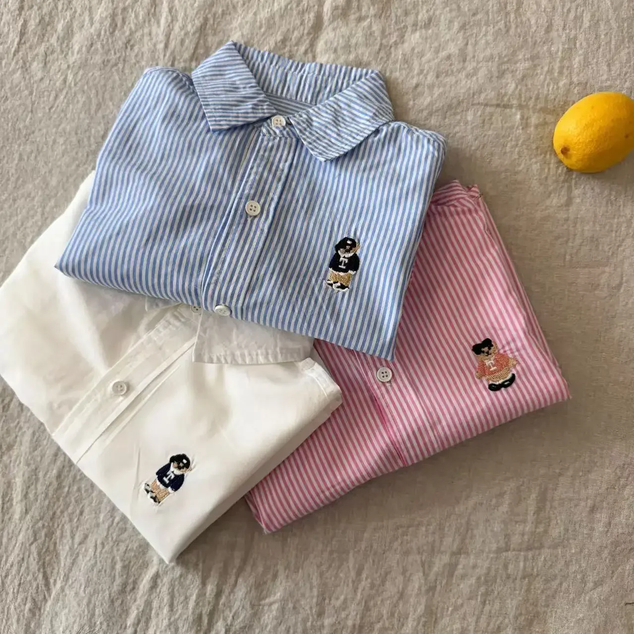 Children's Striped Bear Embroidery Shirt kids shirts Spring Summer for Boys Girls