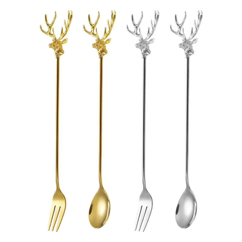 Stainless Steel Cutlery Set Milu Deer Coffee Cake Spoon Fork Dessert s Stirring Teaspoon Ice Cream Fruit Kitchen supplies Stainless Steel cutlery set,stainless steel cutlery set