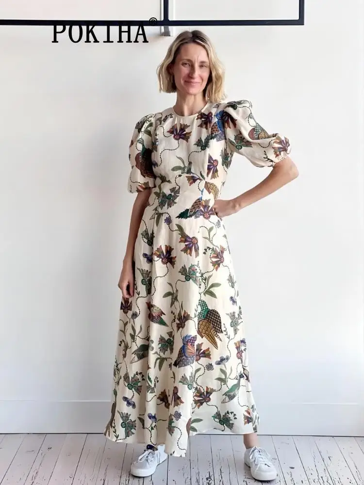 

Vintage Fashion Maxi Dress Birds Print Slim Short Sleeve A-line Women Elegant Puff Sleeve Holiday Summer Long Dresses Vestido