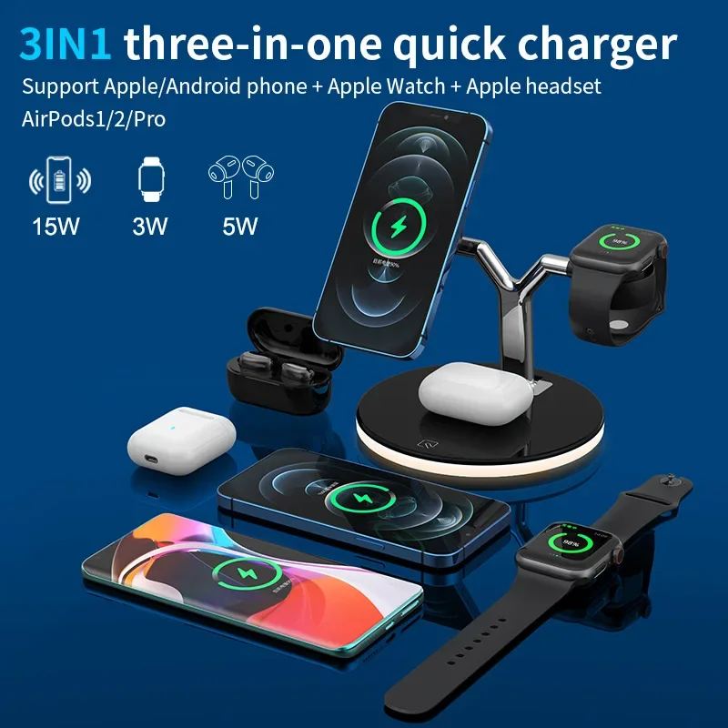 

Fast Wireless Charger 30W LED Stand 3 in 1 Foldable Charging Station For iPhone 15 14 13 12 11 Apple Watch 9 8 7 6 5 Airpods Pro