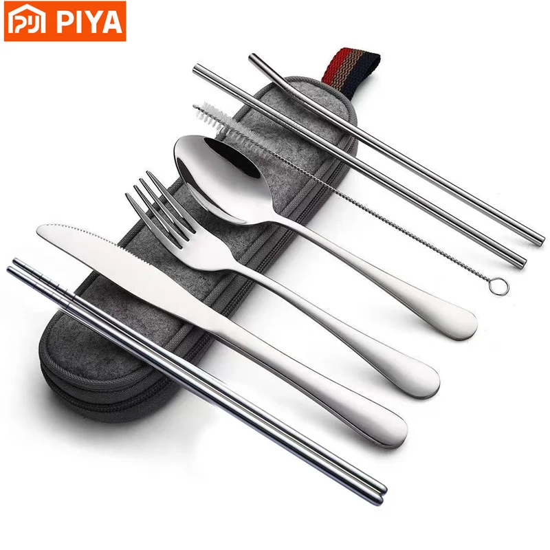 Stainless Steel Travel Reusable Utensils Set Camping Spoon Fork with Case Chopsticks and Straw Flatware Portable Cutlery Set